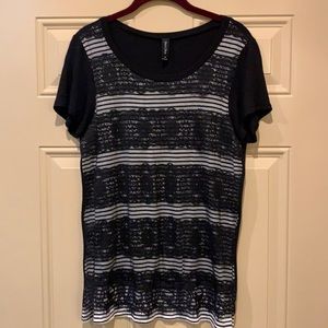 Red Olive black lace striped short sleeve top M